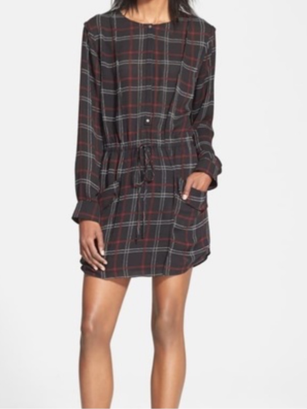 A.L.C. Silk Simona plaid shirt dress w patch pockets drawstring sz 6